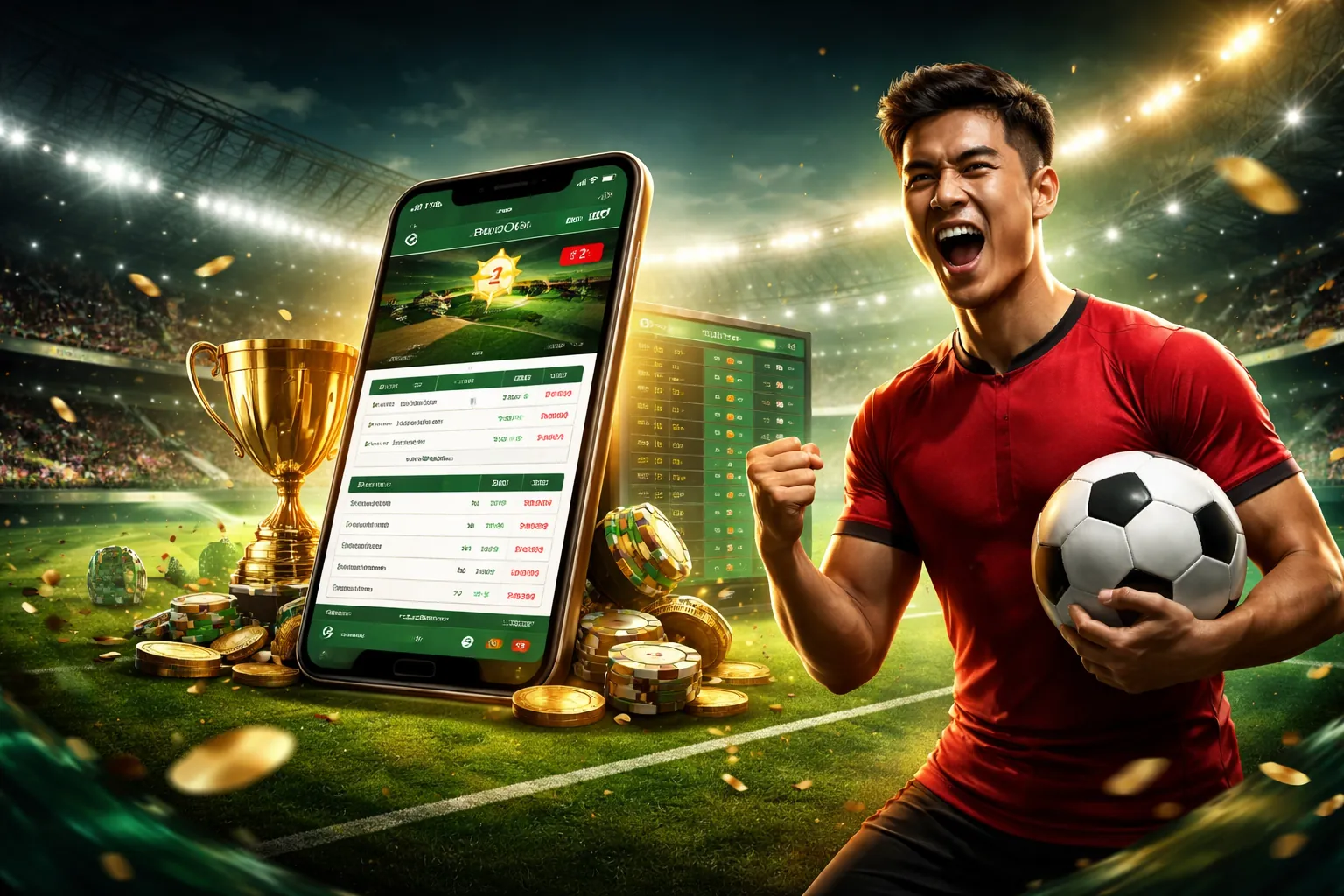 Sân vận động với ánh sáng rực rỡ và logo hit club 2026, thể hiện không khí cá cược thể thao sôi động